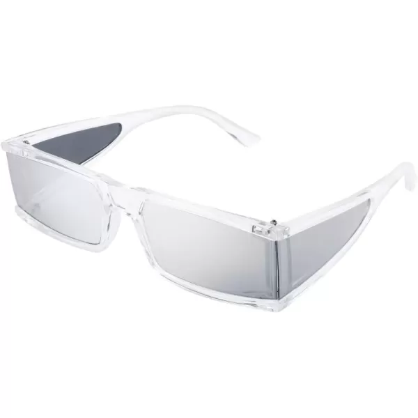FEISEDY Cool Futuristic Rectangular Sunglasses Cyber Men Women Punk Style Cosplay Sun Glasses B2739Transparent Frame  Silver Lens