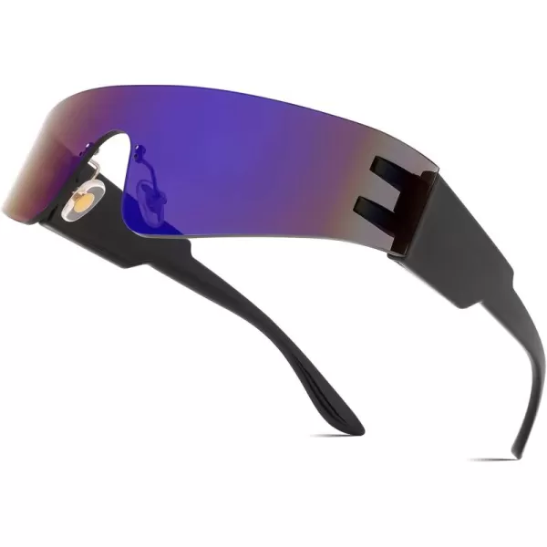 FEISEDY Futuristic Visor Punk Sunglasses Rimless One Piece Goggles Miorred Shades Women Men B2927Blue Mirrored
