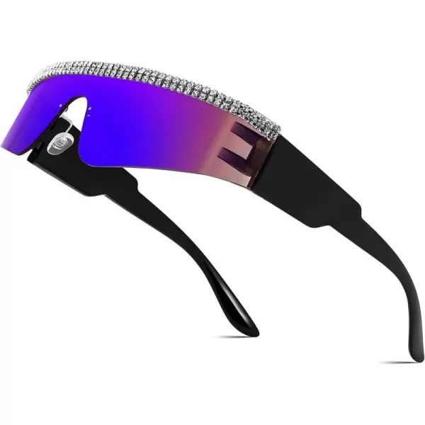 FEISEDY Futuristic Visor Punk Sunglasses Rimless One Piece Goggles Miorred Shades Women Men B2927Jeweled Frame Blue Mirrored Lens 005