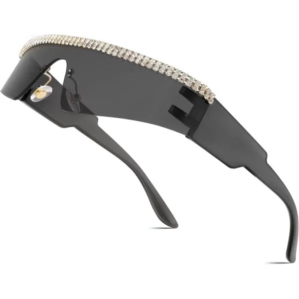 FEISEDY Futuristic Visor Punk Sunglasses Rimless One Piece Goggles Miorred Shades Women Men B2927Jeweled Frame Grey Lens 001