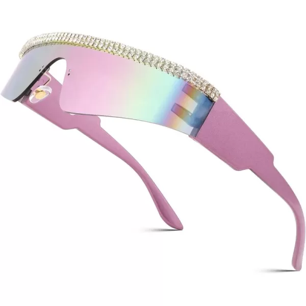 FEISEDY Futuristic Visor Punk Sunglasses Rimless One Piece Goggles Miorred Shades Women Men B2927Jeweled Frame Pink Mirrored Lens 002