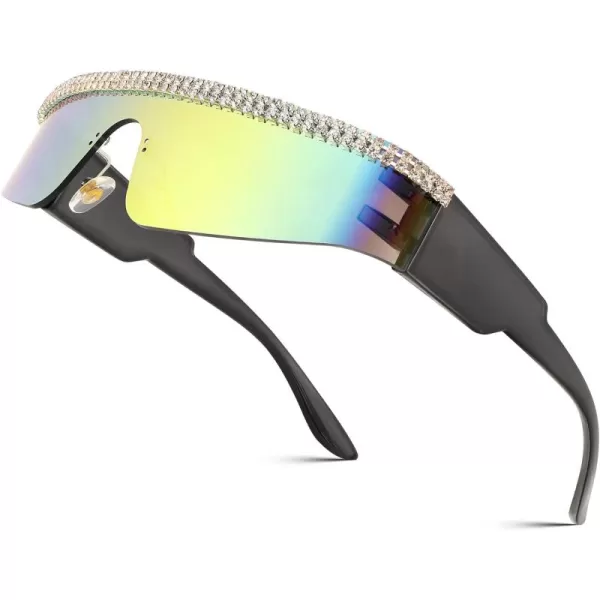 FEISEDY Futuristic Visor Punk Sunglasses Rimless One Piece Goggles Miorred Shades Women Men B2927Jeweled Frame Red Mirrored Lens 003