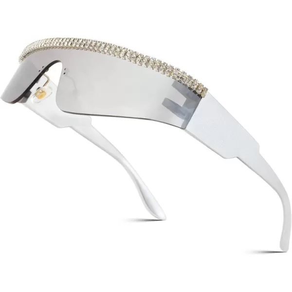 FEISEDY Futuristic Visor Punk Sunglasses Rimless One Piece Goggles Miorred Shades Women Men B2927Jeweled Frame Sliver Mirrored Lens 004