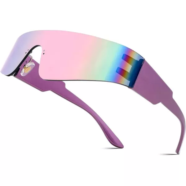 FEISEDY Futuristic Visor Punk Sunglasses Rimless One Piece Goggles Miorred Shades Women Men B2927Pink Mirrored