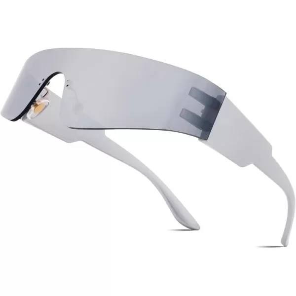 FEISEDY Futuristic Visor Punk Sunglasses Rimless One Piece Goggles Miorred Shades Women Men B2927White Mirrored