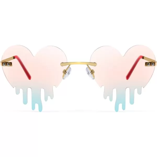 FEISEDY Heart Sunglasses for Women Men Rimless Irregular Heart Shaped Metal Frame Party Halloween Colorful Glasses B4058Pink Mirror