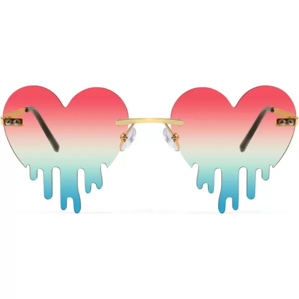 FEISEDY Heart Sunglasses for Women Men Rimless Irregular Heart Shaped Metal Frame Party Halloween Colorful Glasses B4058PinkGreen