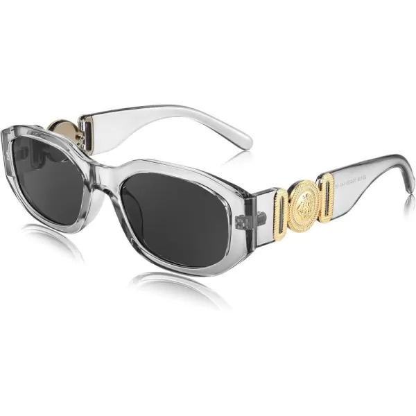 FEISEDY Retro Trendy Rectangle Sunglasses Women Men Vintage 90s Small Narrow Square Sunglasses B2322Transparent Gray FrameGray Lens