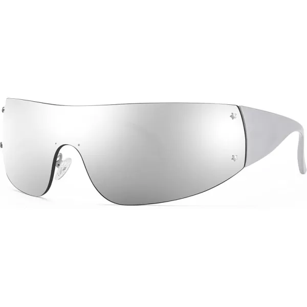 FEISEDY Rimless Wrap Around Y2K Sunglasses For Women Men Fashion Oversized Shield Frameless Sun Glasses B4119SilverSilver Mirror