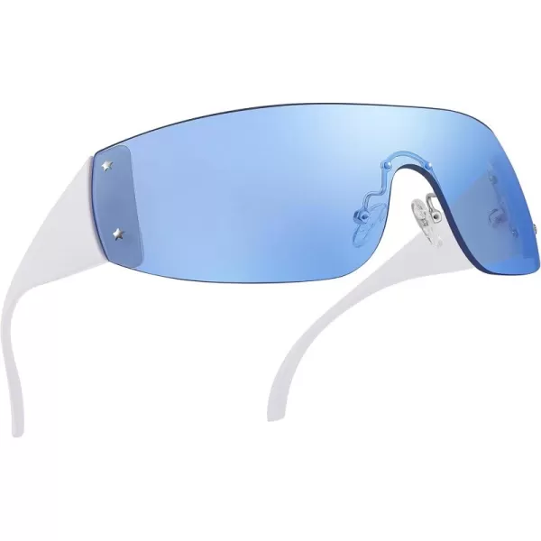 FEISEDY Rimless Wrap Around Y2K Sunglasses For Women Men Fashion Oversized Shield Frameless Sun Glasses B4119WhiteBlue