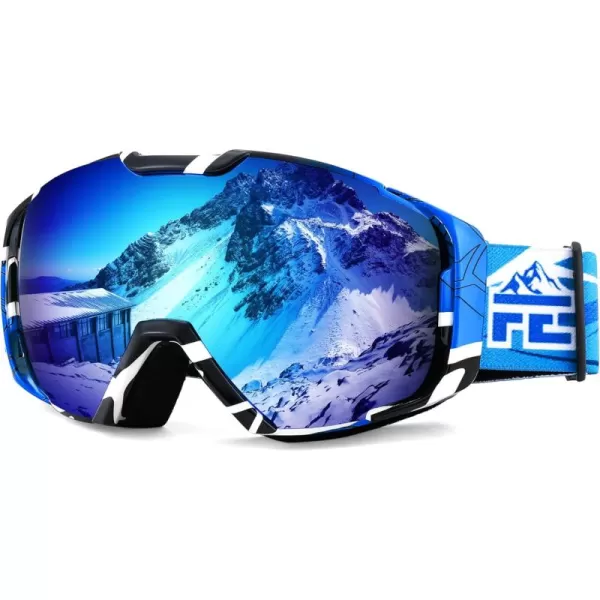 FEISEDY Ski Goggles OTG Snow Sport Goggles for Adult Youth AntiFog UV400 Protection Bendable DualLenses B2961Revo Ice Blue Silver Vlt 22