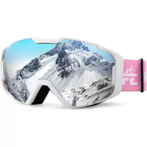 FEISEDY Ski Goggles OTG Snow Sport Goggles for Adult Youth AntiFog UV400 Protection Bendable DualLenses B2961White  Silver Vlt 12