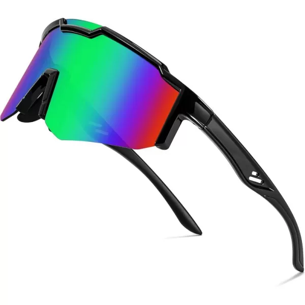 FEISEDY Sports Sunglasses for Men Women Cycling Fishing Mountain Bike Outdoor Glasses or Youth Teens B9128Black Frame  Mirror Green