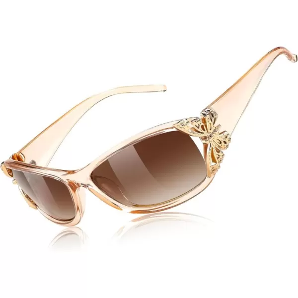 FEISEDY Trendy Polarized Y2K Sunglasses Wrap Around Butterfly Design Fashion Sunnies UV400 Protection B0078Champagne Frame  Gradual Tea Lens