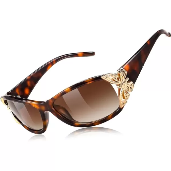 FEISEDY Trendy Polarized Y2K Sunglasses Wrap Around Butterfly Design Fashion Sunnies UV400 Protection B0078Leopard Frame  Gradual Tea Lens