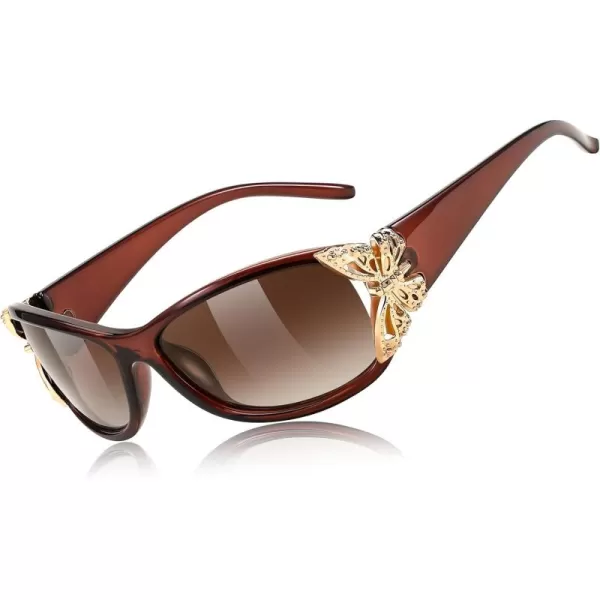 FEISEDY Trendy Polarized Y2K Sunglasses Wrap Around Butterfly Design Fashion Sunnies UV400 Protection B0078Tea Frame  Gradual Tea Lens