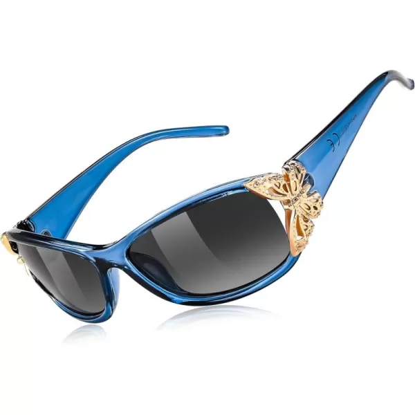 FEISEDY Trendy Polarized Y2K Sunglasses Wrap Around Butterfly Design Fashion Sunnies UV400 Protection B0078Transparent Blue Frame  Gradual Grey Lens