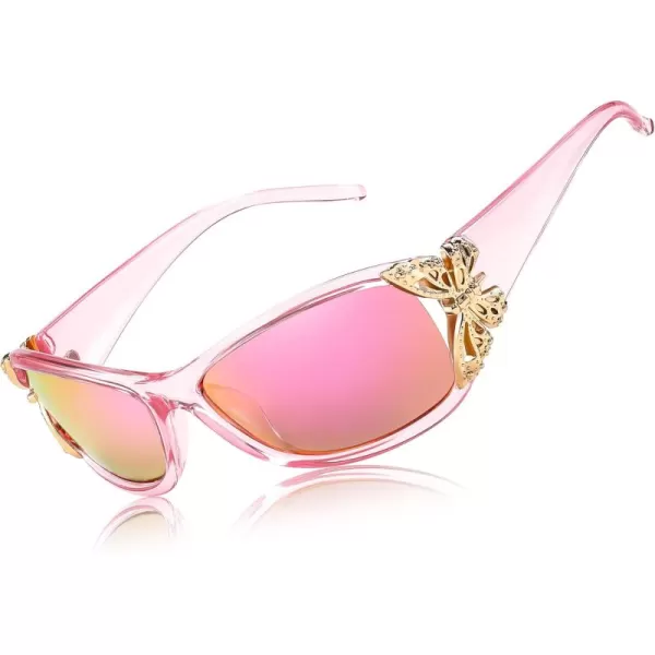 FEISEDY Trendy Polarized Y2K Sunglasses Wrap Around Butterfly Design Fashion Sunnies UV400 Protection B0078Transparent Pink Frame  Pink Mirror Lens