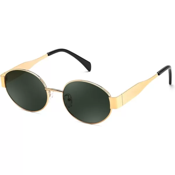 FEISEDY Trendy Retro Oval Sunglasses for Women Men Small Metal Frame Sun Glasses UV400 Shades B0124Goldblackish Green