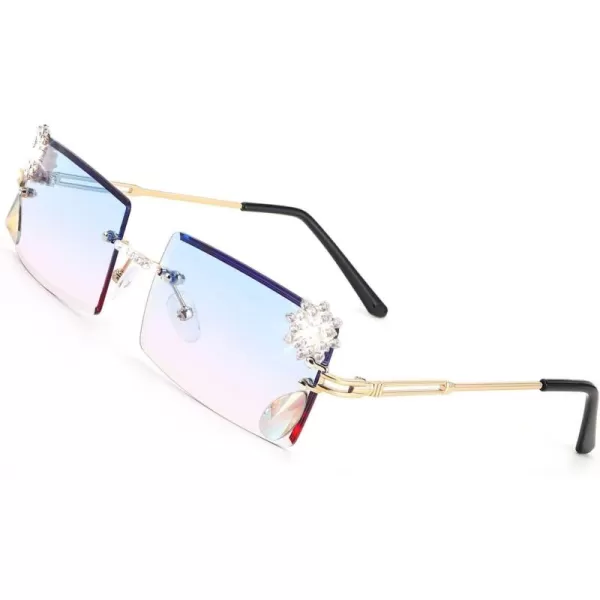 FEISEDY Vintage Rimless Diamond Sunglasses 90s Small Rectangle Bling Frameless Y2K Candy Color Glasses B2333Blue Pink