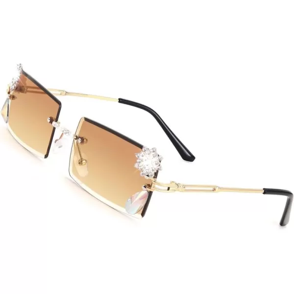 FEISEDY Vintage Rimless Diamond Sunglasses 90s Small Rectangle Bling Frameless Y2K Candy Color Glasses B2333Tea