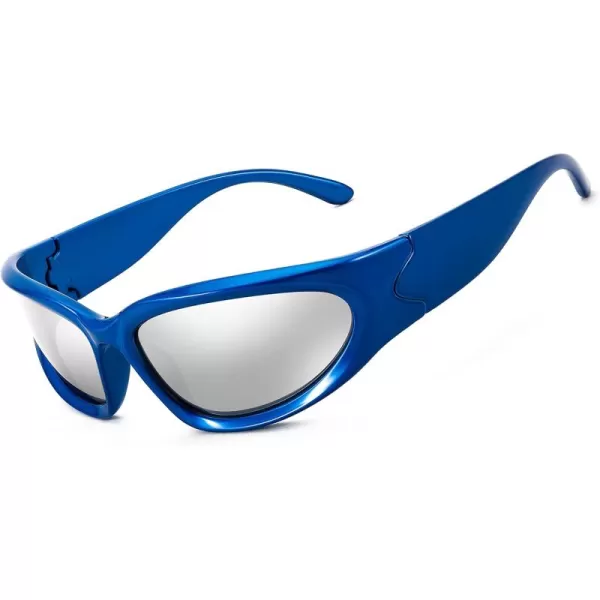 FEISEDY Y2K Futuristic Sunglasses Cool Oval Wrap Around 90s Visor Thick Frame Vintage for Men Women B2951Blue Frame  Silver Lens