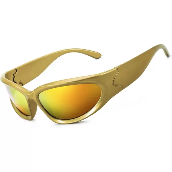 FEISEDY Y2K Futuristic Sunglasses Cool Oval Wrap Around 90s Visor Thick Frame Vintage for Men Women B2951Golden Frame  Red Mirror Lens