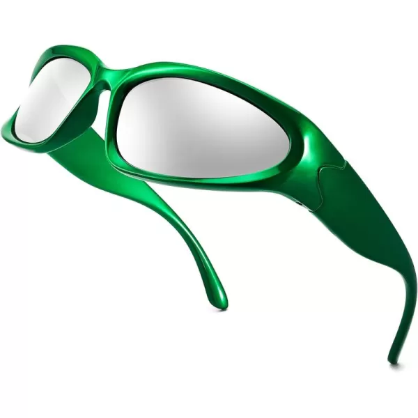 FEISEDY Y2K Futuristic Sunglasses Cool Oval Wrap Around 90s Visor Thick Frame Vintage for Men Women B2951Green Frame  Silver Lens