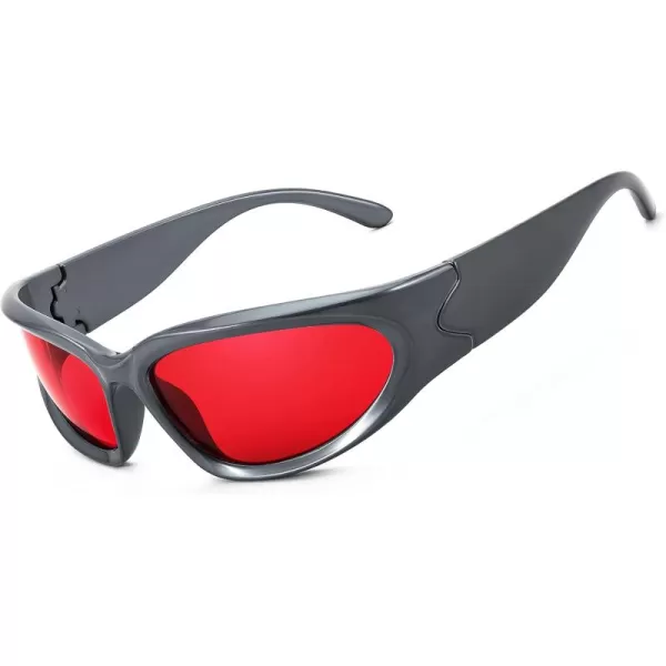 FEISEDY Y2K Futuristic Sunglasses Cool Oval Wrap Around 90s Visor Thick Frame Vintage for Men Women B2951Grey Frame  Red Mirror Lens