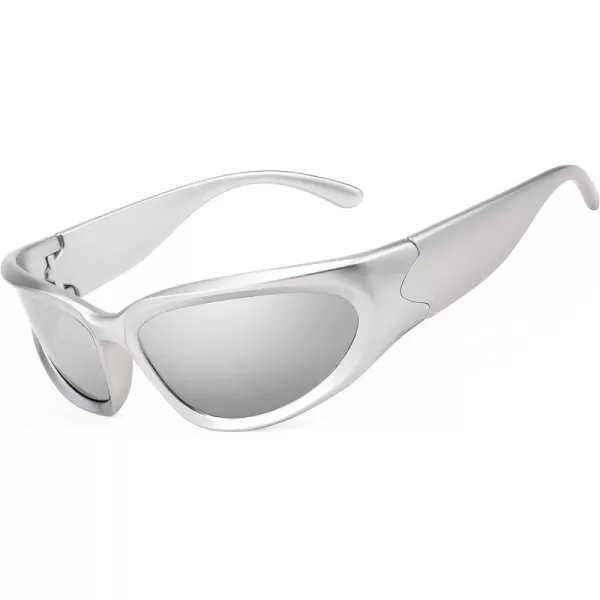 FEISEDY Y2K Futuristic Sunglasses Cool Oval Wrap Around 90s Visor Thick Frame Vintage for Men Women B2951Silver Frame  Silver Lens