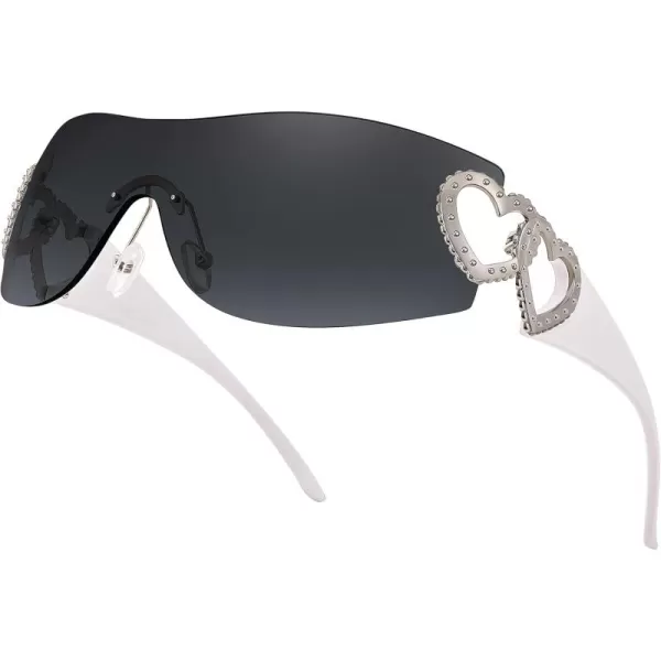 FEISEDY Y2K Rimless Sunglasses Heart for Women Men Around Wrap Fashion Futuristic 2000s Trendy Shield B2981Black Grey