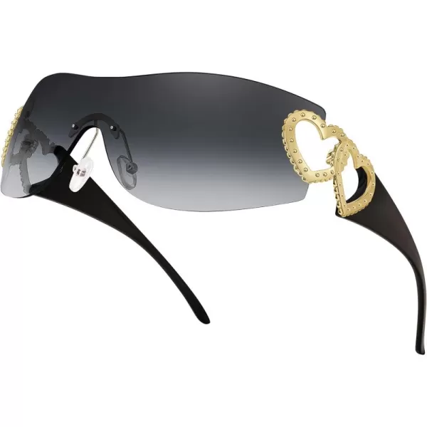 FEISEDY Y2K Rimless Sunglasses Heart for Women Men Around Wrap Fashion Futuristic 2000s Trendy Shield B2981Gradual Grey
