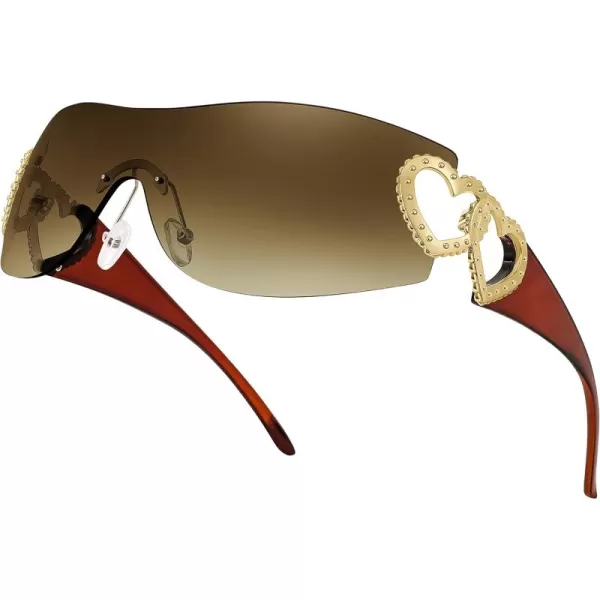 FEISEDY Y2K Rimless Sunglasses Heart for Women Men Around Wrap Fashion Futuristic 2000s Trendy Shield B2981Gradual Tea