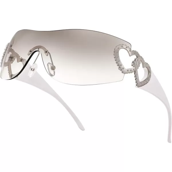 FEISEDY Y2K Rimless Sunglasses Heart for Women Men Around Wrap Fashion Futuristic 2000s Trendy Shield B2981Grey White