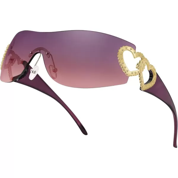 FEISEDY Y2K Rimless Sunglasses Heart for Women Men Around Wrap Fashion Futuristic 2000s Trendy Shield B2981Purple Pink