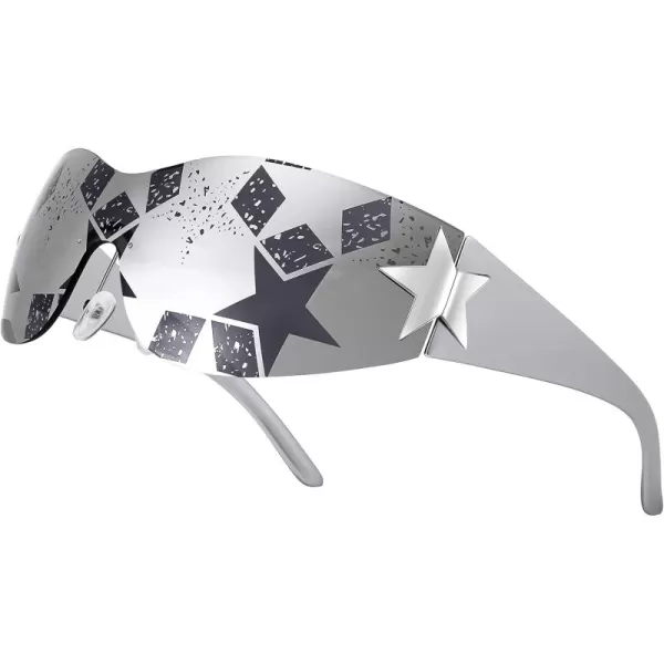 FEISEDY Y2K Sunglasses for Women Men 2000s Fashion Rimless Wrap Around Frameless Star Sun Glasses B9090Mirrored Silver Star