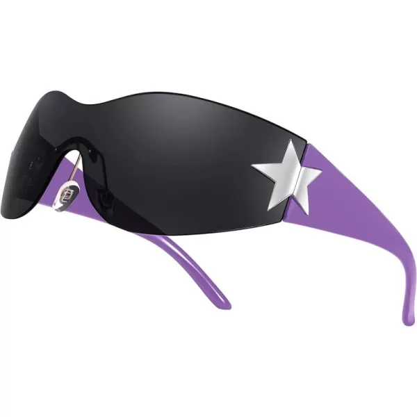 FEISEDY Y2K Sunglasses for Women Men 2000s Fashion Rimless Wrap Around Frameless Star Sun Glasses B9090Purple