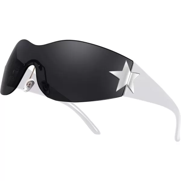FEISEDY Y2K Sunglasses for Women Men 2000s Fashion Rimless Wrap Around Frameless Star Sun Glasses B9090White