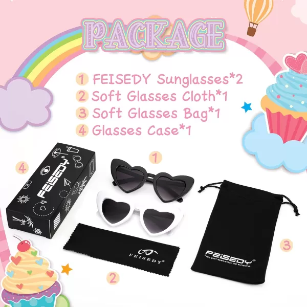 FEISEDY 2 Pack Vintage Kids Heart Sunglasses Girls Toddler De Sol Gafas Beach Party Holiday Sun Glasses Age 310 B2903Blackwhite