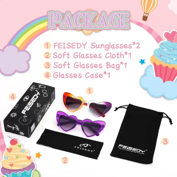 FEISEDY 2 Pack Vintage Kids Heart Sunglasses Girls Toddler De Sol Gafas Beach Party Holiday Sun Glasses Age 310 B2903Purplerainbow