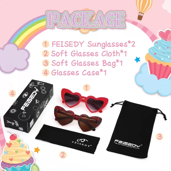 FEISEDY 2 Pack Vintage Kids Heart Sunglasses Girls Toddler De Sol Gafas Beach Party Holiday Sun Glasses Age 310 B2903Redleopard