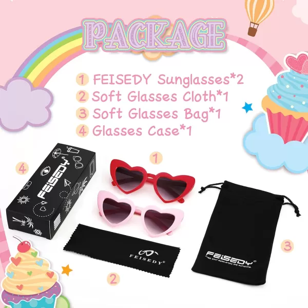 FEISEDY 2 Pack Vintage Kids Heart Sunglasses Girls Toddler De Sol Gafas Beach Party Holiday Sun Glasses Age 310 B2903Redpink