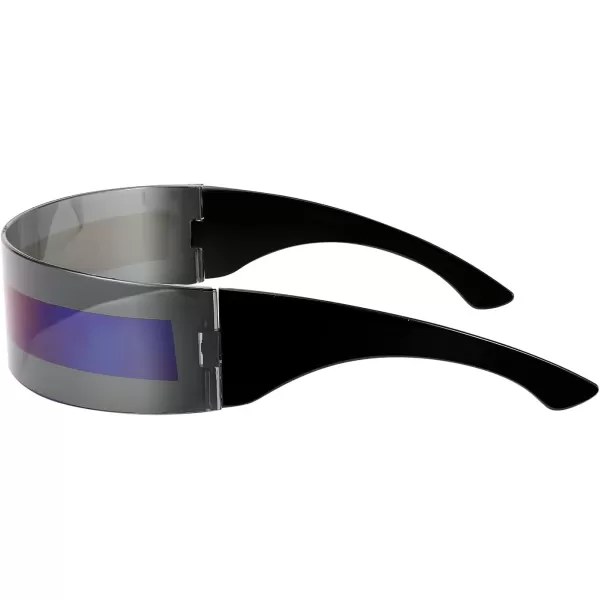 FEISEDY 80s Futuristic Cyclops Cyber Visor Sunglasses Men Women Punk Style Cosplay B2740Black  Blue Mirror Stripe