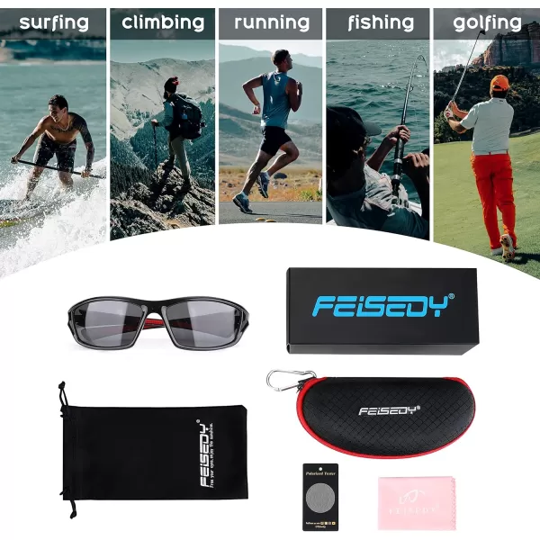 FEISEDY Classic Men Polarized Sports Sunglasses Night Driving Yellow Lenses Cycling Fishing Driving Glasses B2674Black Red FrameGrey Lens