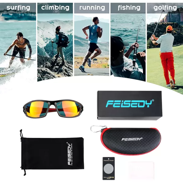 FEISEDY Classic Men Polarized Sports Sunglasses Night Driving Yellow Lenses Cycling Fishing Driving Glasses B2674Black Red FrameRed Mirrored Lens