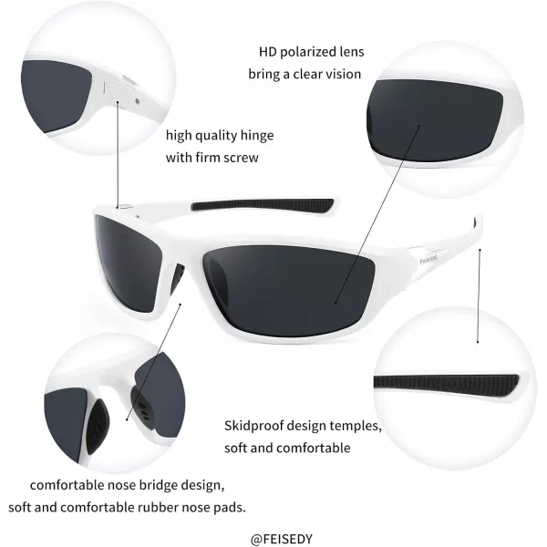 FEISEDY Classic Men Polarized Sports Sunglasses Night Driving Yellow Lenses Cycling Fishing Driving Glasses B2674White FrameGrey Lens
