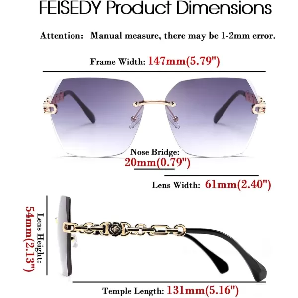 FEISEDY Classic Rimless Sunglasses Women Metal Frame Diamond Cutting Lens Sun Glasses B2567001 Black Grey