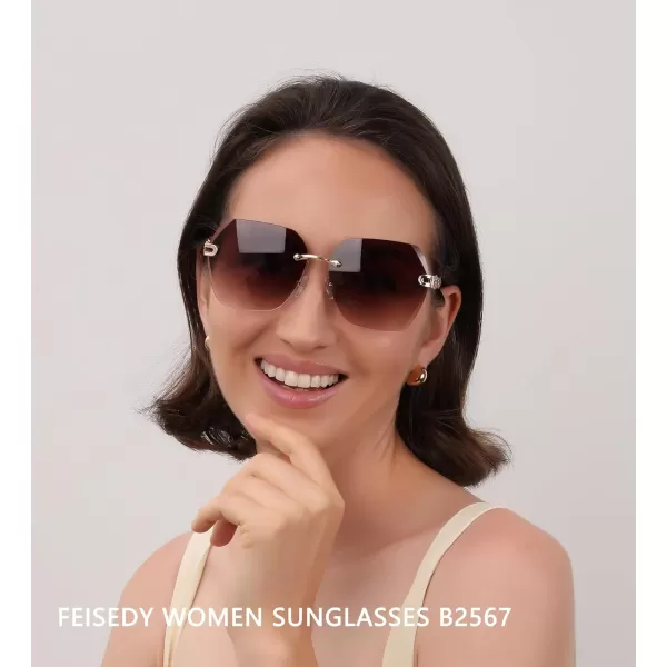 FEISEDY Classic Rimless Sunglasses Women Metal Frame Diamond Cutting Lens Sun Glasses B2567002 Brown
