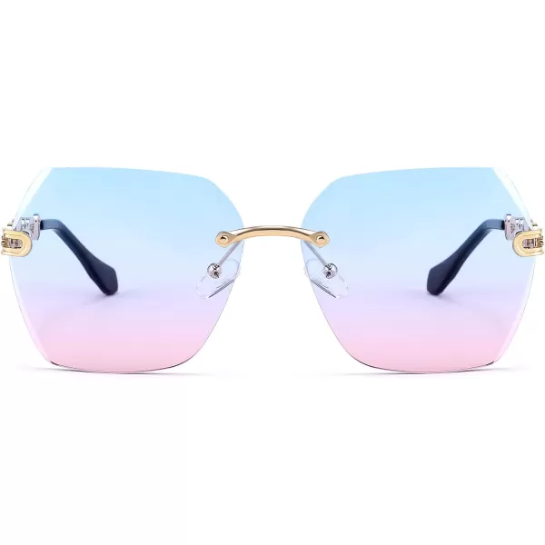 FEISEDY Classic Rimless Sunglasses Women Metal Frame Diamond Cutting Lens Sun Glasses B2567007 Blue Pink