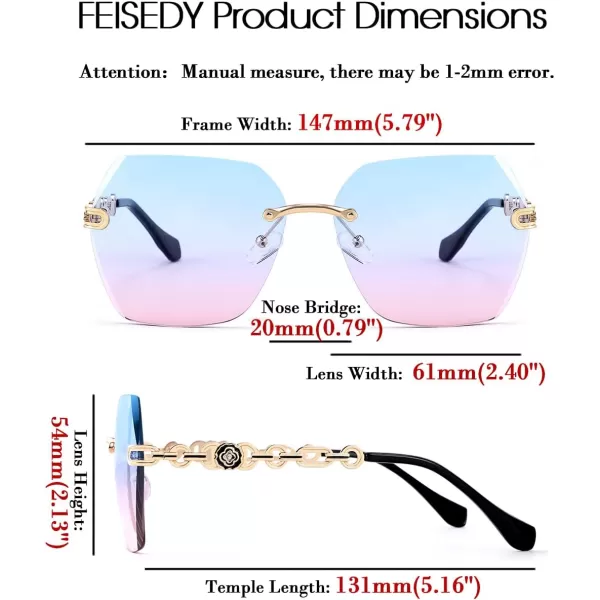 FEISEDY Classic Rimless Sunglasses Women Metal Frame Diamond Cutting Lens Sun Glasses B2567007 Blue Pink